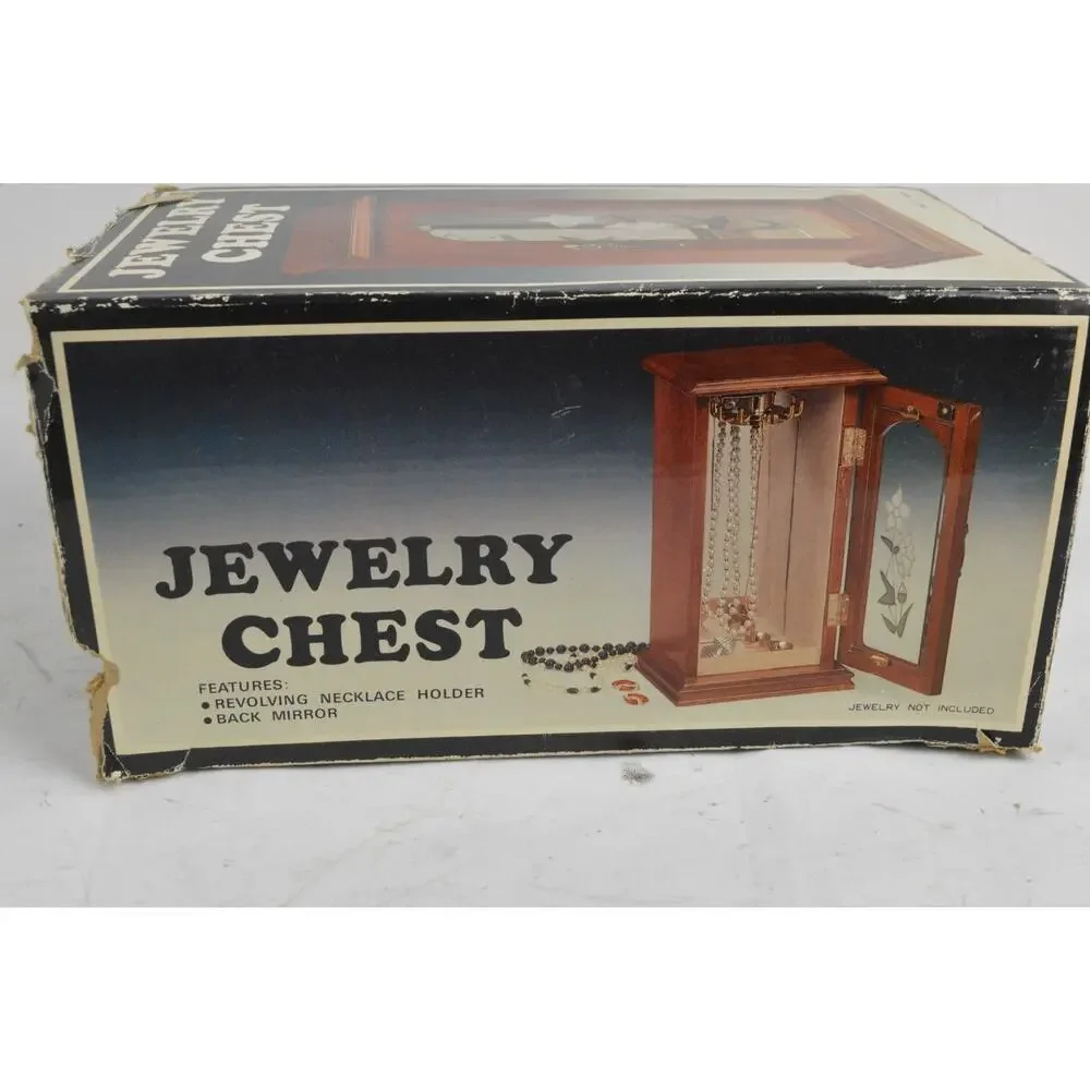 Vintage Wood Jewelry Armoire Cabinet Mirror Glass Door Necklace Box 10